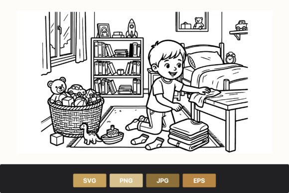 Boy Folding Clothes Coloring Graphics & Illustrations
