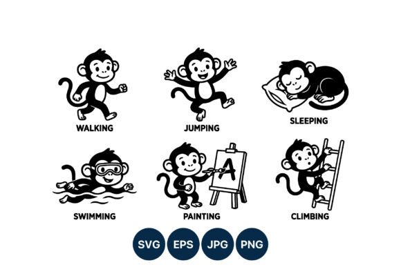 Cartoon Monkey Activity Set: Black & White Graphics