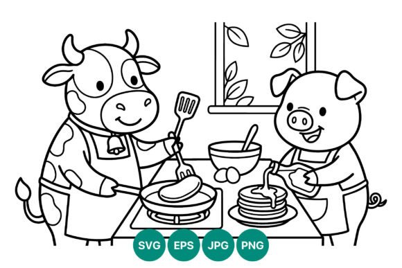 Cow and Pig Cooking Pancakes Coloring Graphics