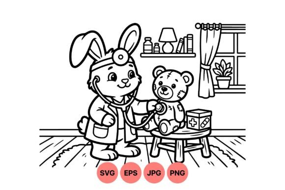 Cute Bunny Doctor Coloring Page Graphics & Illustrations