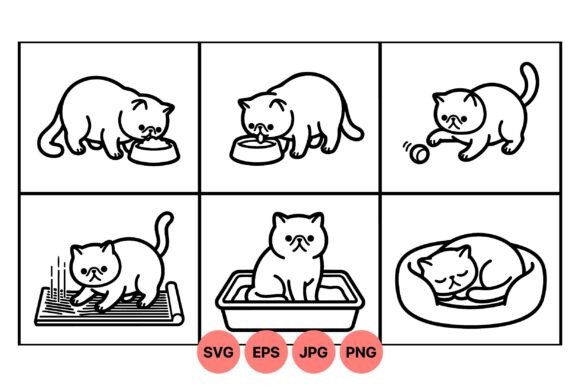 Cute Cat Activity Line Art: Minimalist Graphics & Illustrations