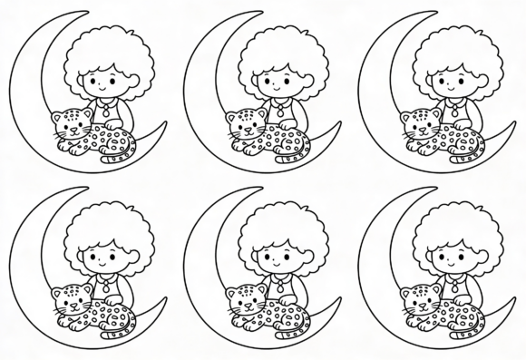 Cute Child and Leopard Moon Coloring Graphics for Crafts