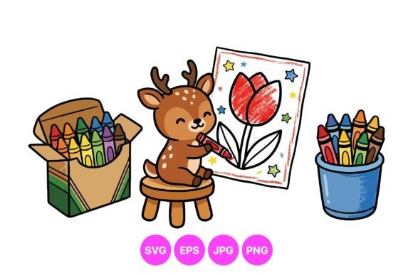 Cute Deer Coloring Clipart Art: Graphics & Illustrations