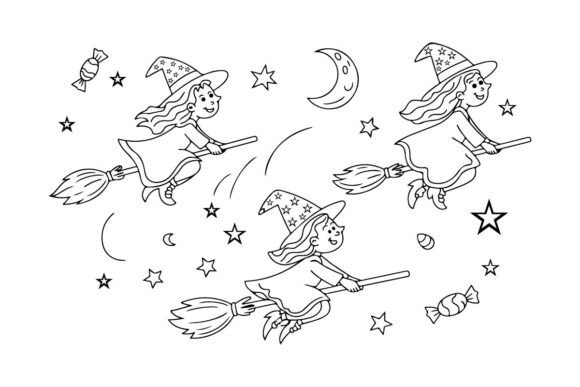 Cute Halloween Witches Line Art Coloring Graphics