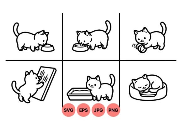 Cute Kitten Activity Line Art: Graphics & Illustrations for Sellers