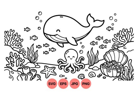 Cute Ocean Animals Coloring SVG