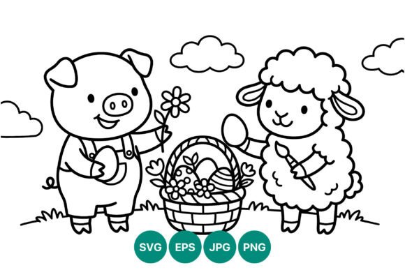 Cute Pig and Sheep Easter Eggs Coloring: Graphics & Illustrations