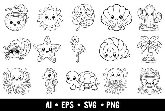 Cute Summer Coloring Pages SVG Bundle: Graphics & Illustrations