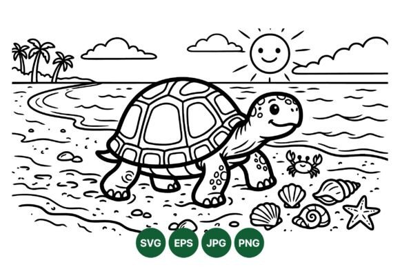Cute Turtle Beach Coloring SVG: Graphics & Illustrations for Sellers