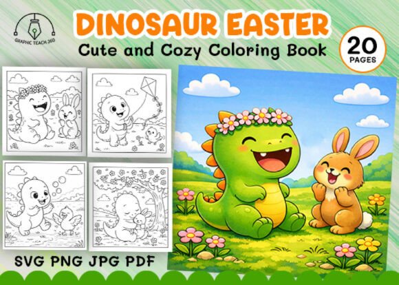 Dinosaur Easter Coloring Book: Graphics & Coloring Pages Amp