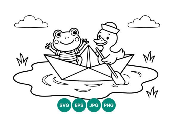 Frog and Duck Paper Boat Coloring: Playful Graphics & Illustrations