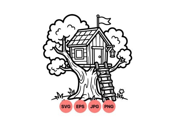 Hand Drawn Treehouse Coloring SVG: Graphics & Illustrations