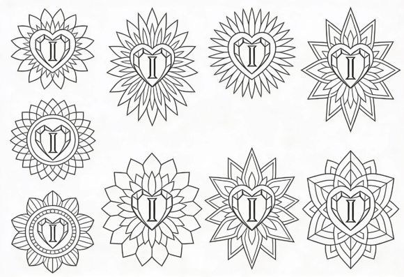 Heart Gem Mandala Letter I Coloring: Graphics for Crafts & Branding