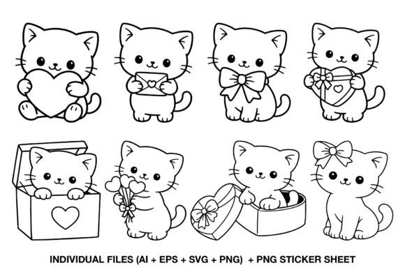 Kawaii Cat Coloring Clipart Set: Graphics for Crafts