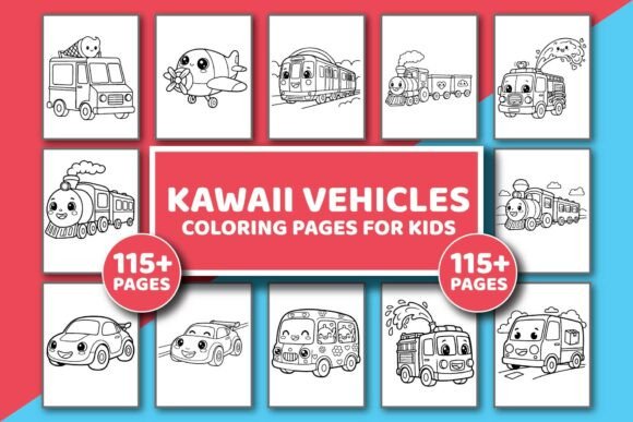 Kawaii Vehicles Coloring Pages for Kids: Graphics & Coloring Pages Amp