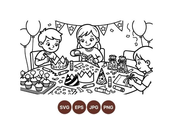 Kids Birthday Party Coloring SVG: Graphics & Illustrations