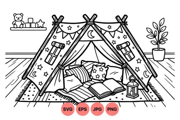 Kids Indoor Tent Coloring Page Graphics & Illustrations