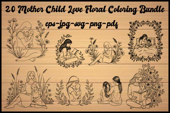 Mother Child Love Floral Coloring Bundle: Graphics & Illustrations