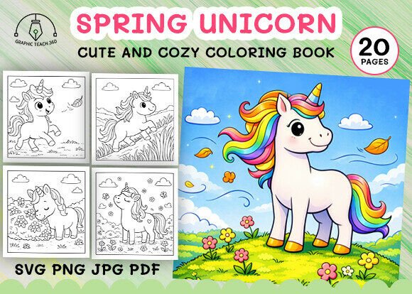 Spring Unicorn Coloring Book: Graphics & Coloring Pages Amp