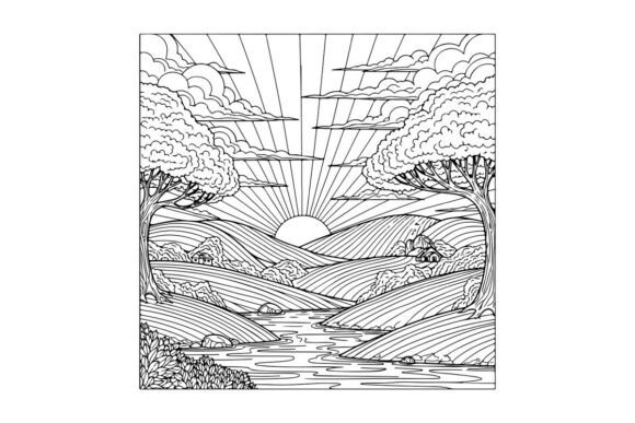 Sunrise over Rolling Hills Coloring Page: Graphics & Coloring Pages Amp