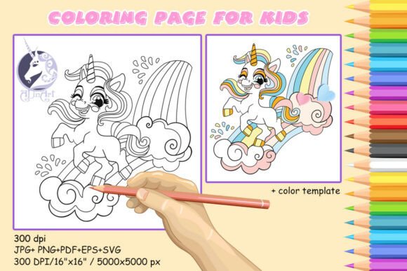 Two Unicorns Coloring Page for Kids: Graphics & Illustrations